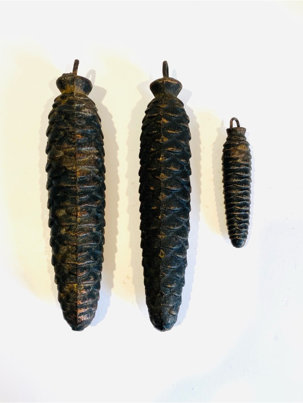 Lot of 3 Cuckoo Clock Pine Cone Weights Bronzed Iron Copper Highlights